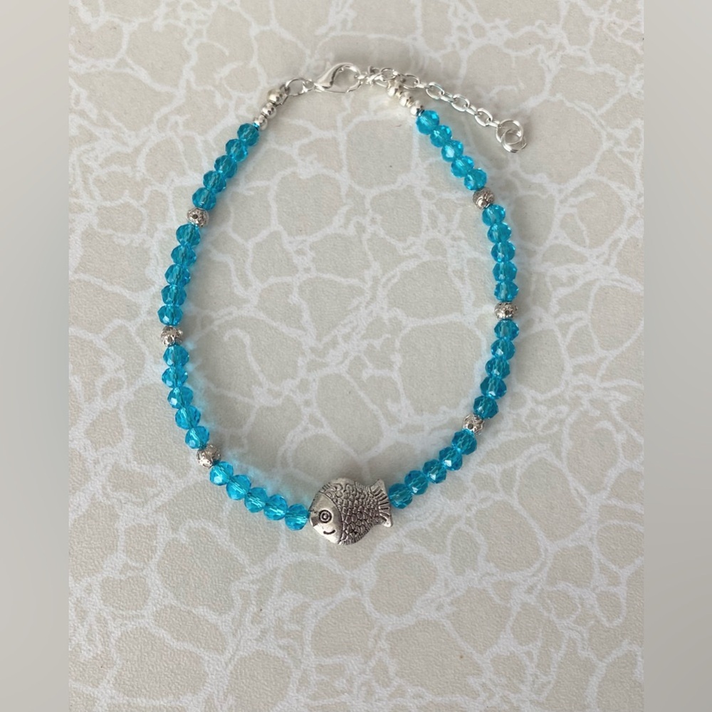 Silver Fish Bead Ankle Bracelet - Turquoise Blue crystal beads